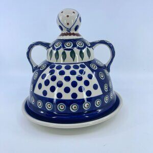 vintage boleslawiec handmade polish pottery cheese lady dome covered dish